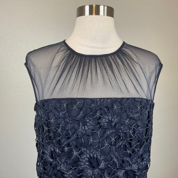 Aidan Mattox Women's Cocktail Dress Size 10 Blue Metallic Lace Midi Sheath - Picture 5 of 12